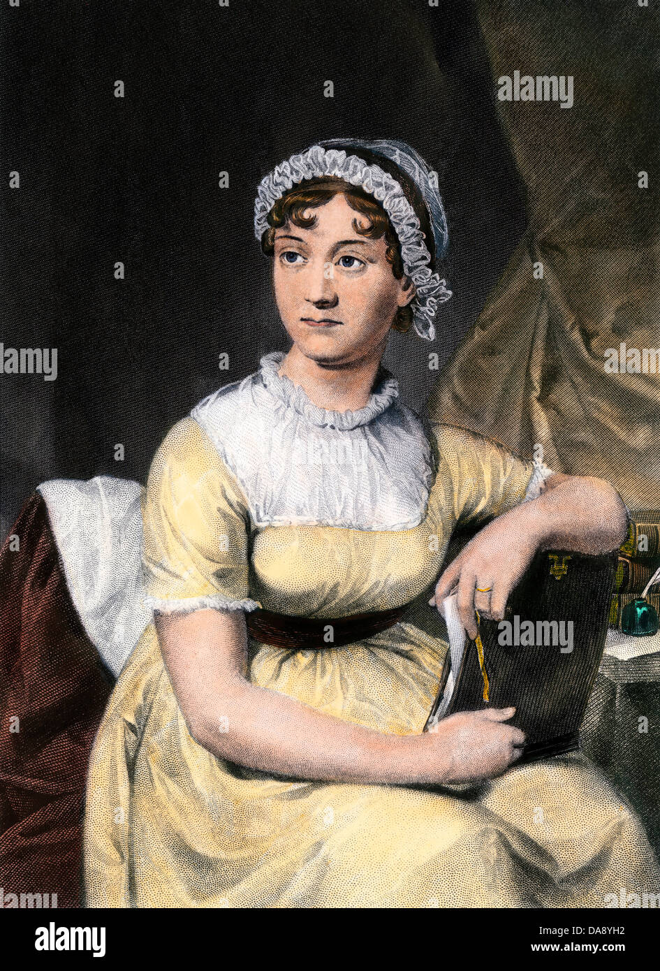 Jane Austin, romanziere inglese. Colorate a mano incisione in acciaio Foto Stock