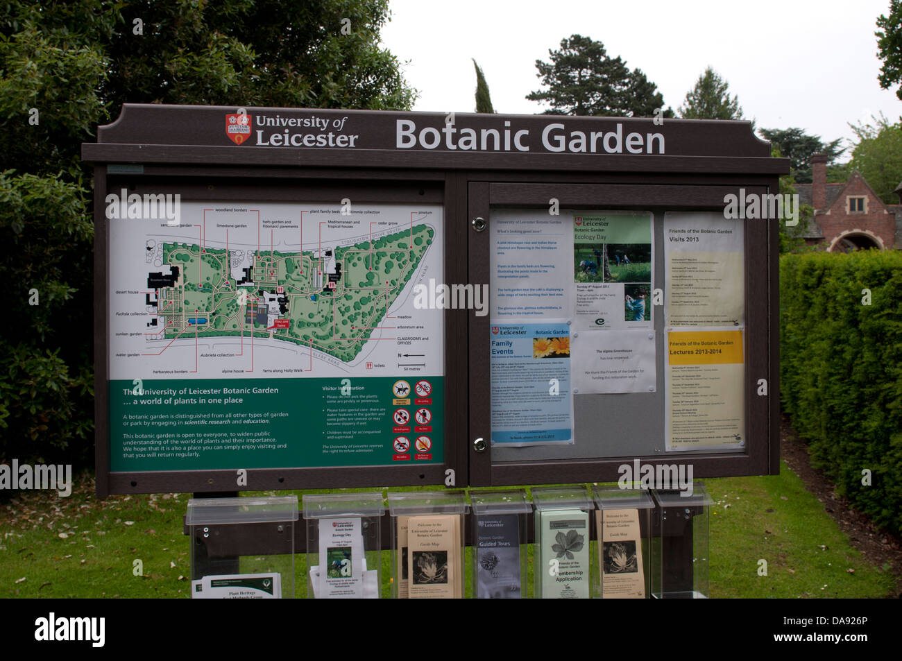 Università di Leicester Botanic Garden information board Foto Stock