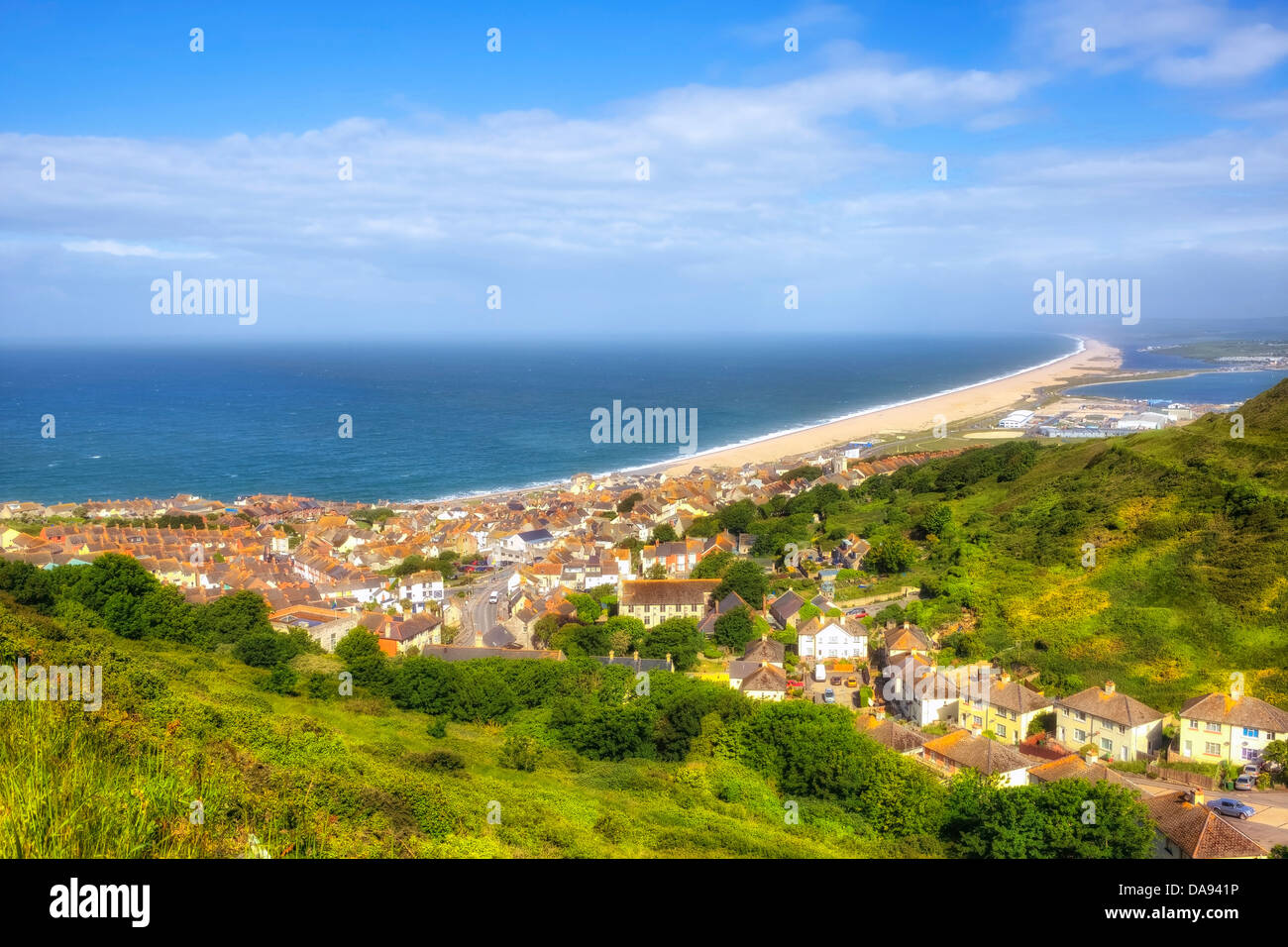 Vista panoramica di Portland e Chesil Beach, Dorset, Regno Unito Foto Stock