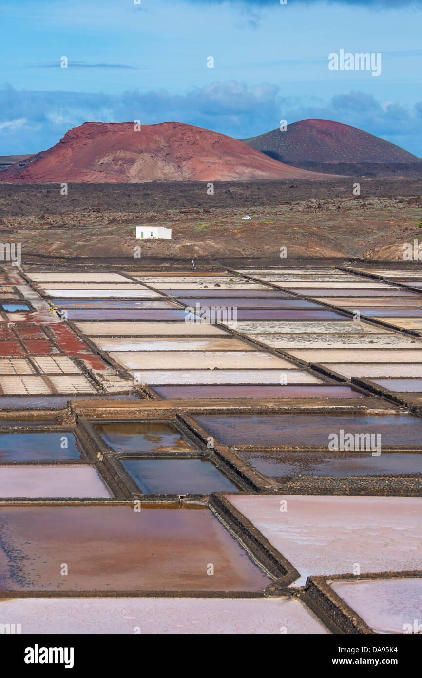 Spagna, Europa, Isole Canarie, Janubio, Lanzarote, Opere di sale, colorato, secco, isola, lava, rosso, sale, terrazze, turistico, tra Foto Stock