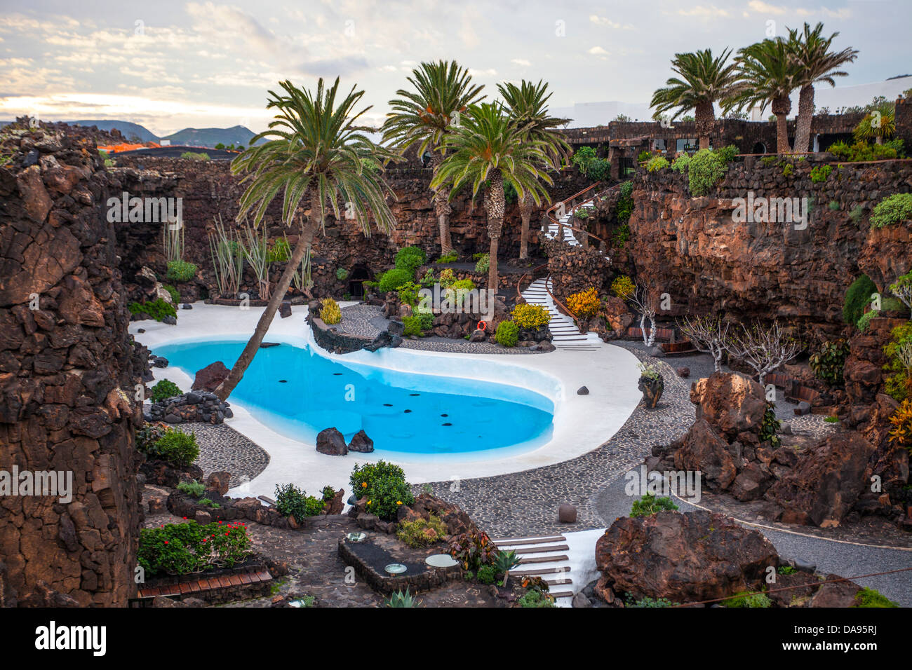 Spagna, Europa, Isole Canarie, Jameos del Agua, Lanzarote Lanzarote, isola, blu, cactus, piante, cafe, grotta, Cesar Manrique, Foto Stock