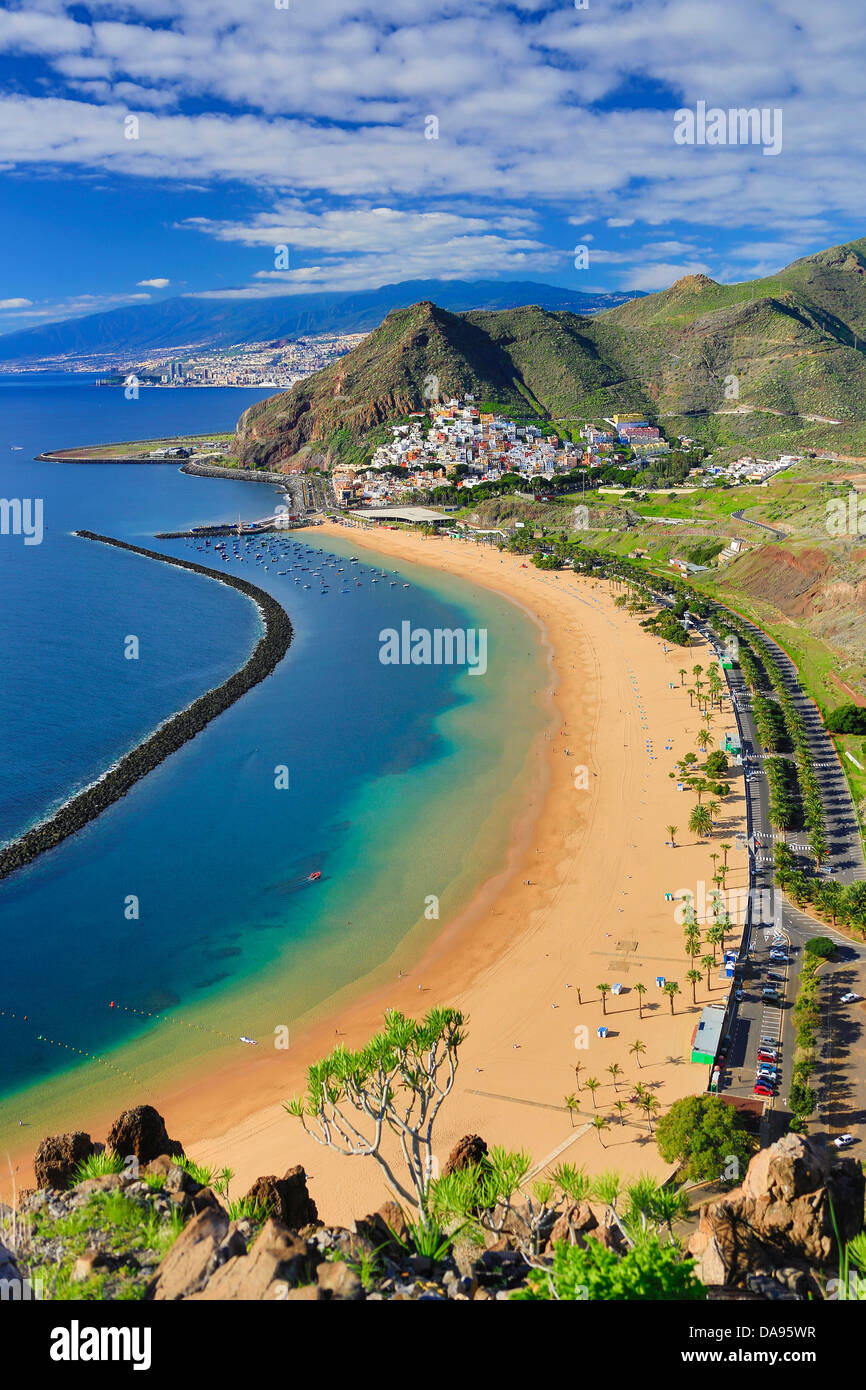 Spagna, Europa, Isole Canarie, Las Teresitas, Spiaggia, San Andres, isola di Tenerife, Tenerife Teneriffa, spiaggia, blu, cactus, famo Foto Stock
