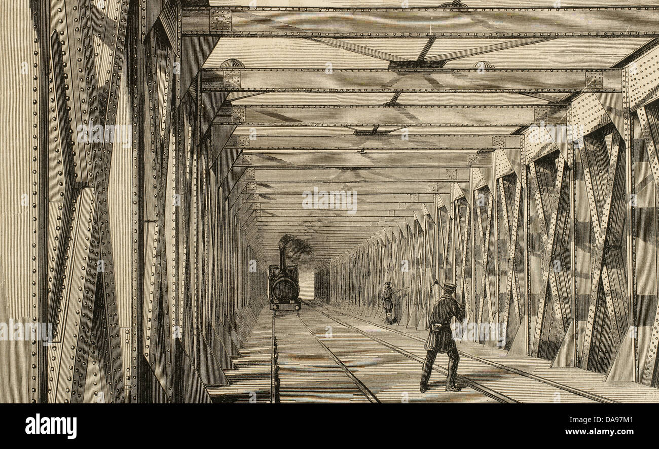La costruzione della ferrovia. Passare la linea ferroviaria da un ponte in ferro. Incisione in L'illustrazione, 1860. Foto Stock