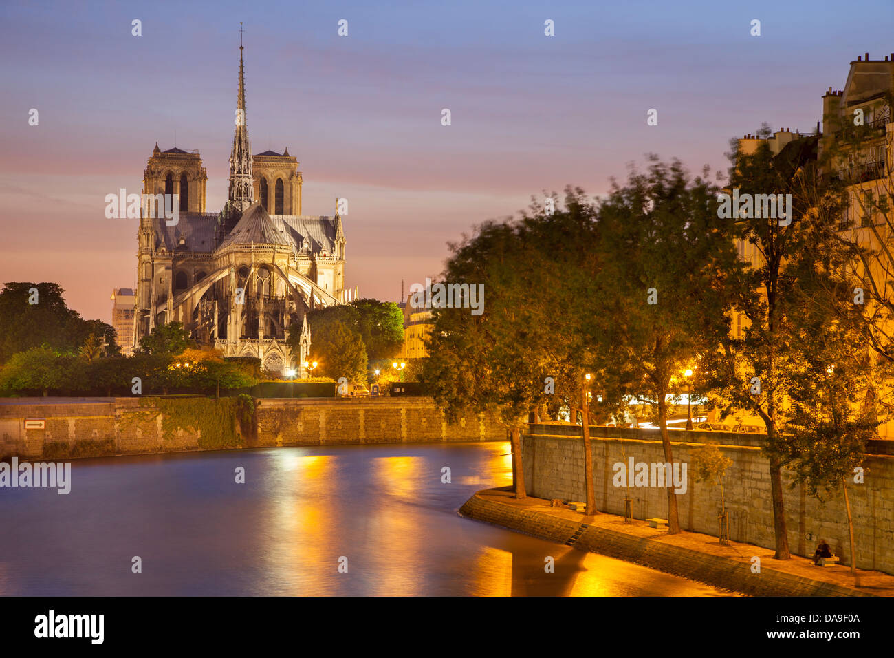 Cattedrale di Notre Dame lungo il Fiume Senna, Parigi Francia Foto Stock