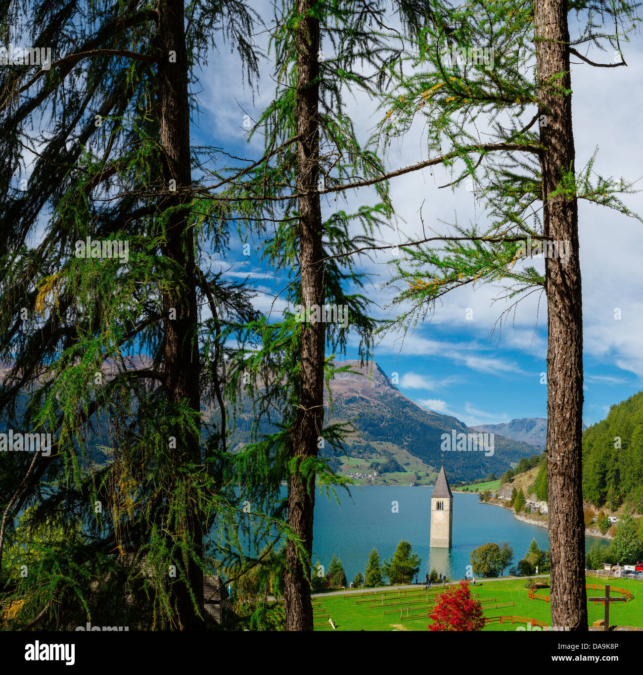 L'Italia, Europa, Südtirol Alto Adige, Alto Adige, Alto Adige, Curon Venosta, Reschensee, il lago di Resia, Lago di Resia, chiesa, m Foto Stock