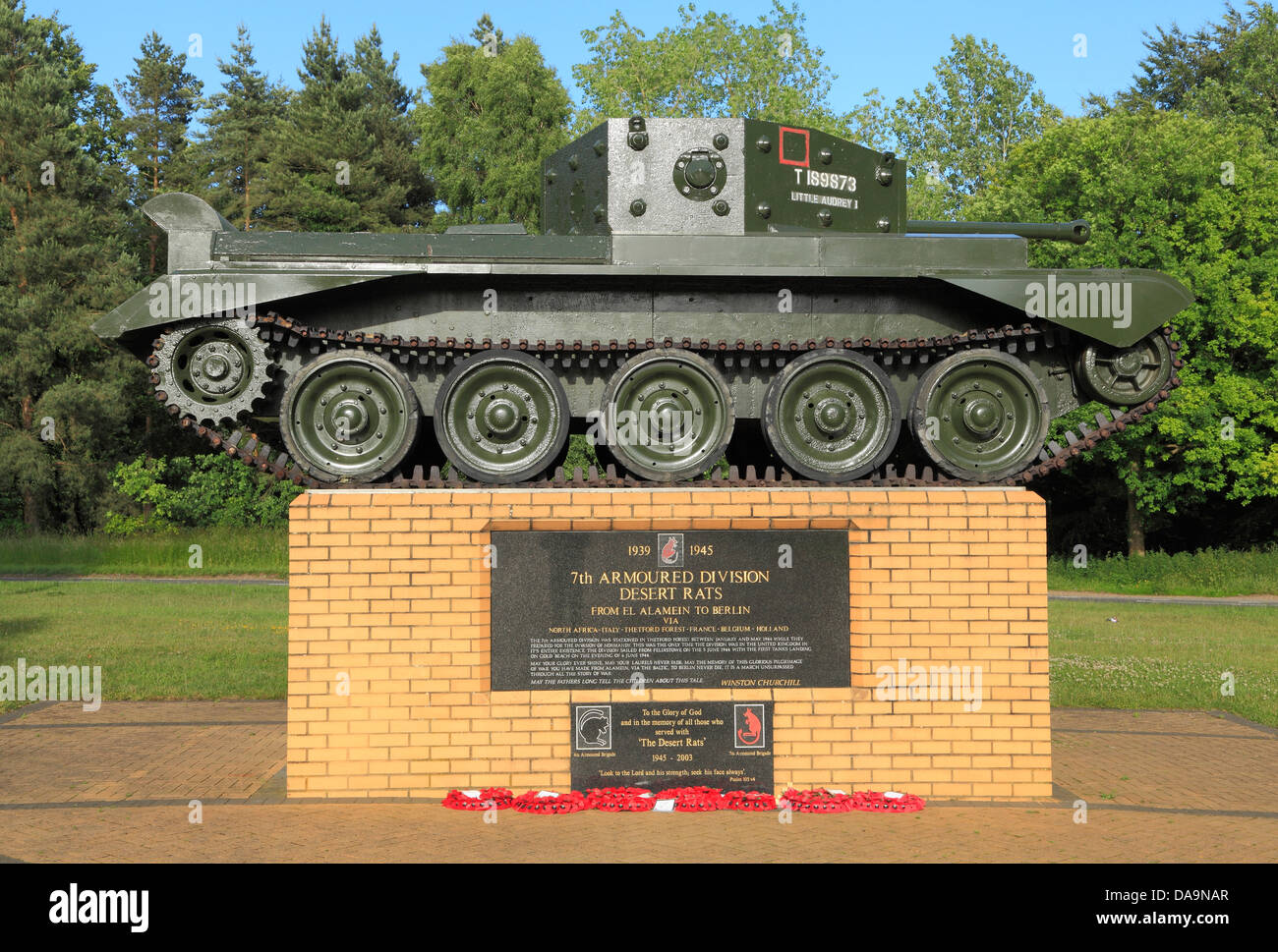 Deserto ratti Memorial, settima divisione corazzata, Thetford Forest, Norfolk, Inghilterra, seconda guerra mondiale memoriali, serbatoio reggimento Foto Stock
