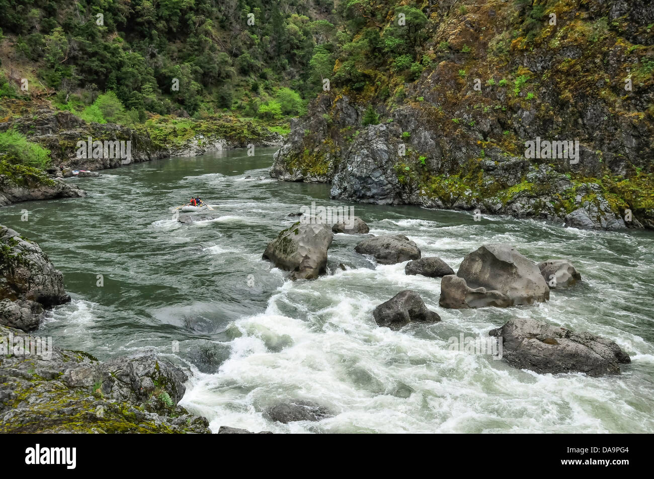 Rafters avvicinando le rapide a C sulla roccia selvaggia e Scenic Rogue River nel sud della Oregon. Foto Stock