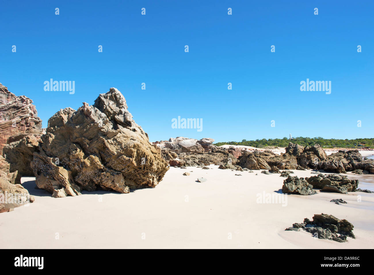 Rocce e gusci di cozze alla sabbiosa spiaggia orientale di Cape Leveque, Dampier Peninsula, Kimberley, Australia occidentale Foto Stock