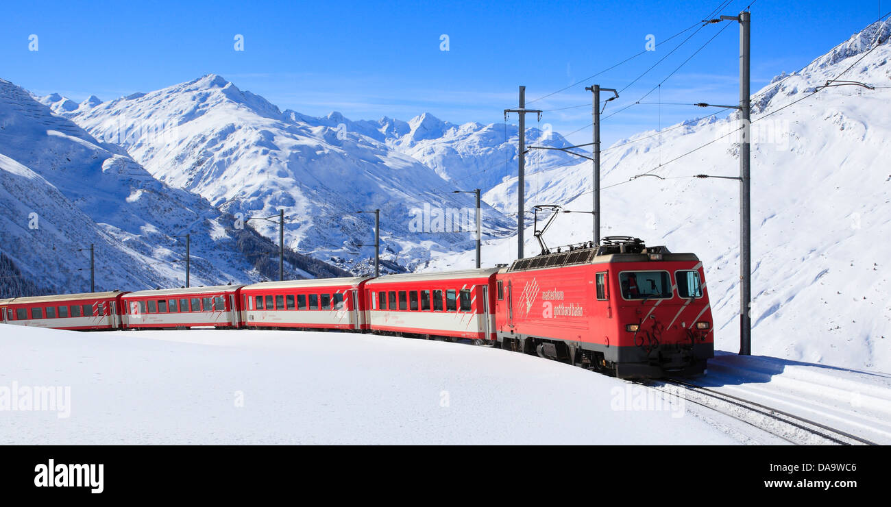 Alpi, Andermatt, Ferrovia, montagne, ferrovia, Furka Oberalp, locomotiva, motore, Matterhorn Gotthard, Ferroviaria Nätschen, Oberal Foto Stock