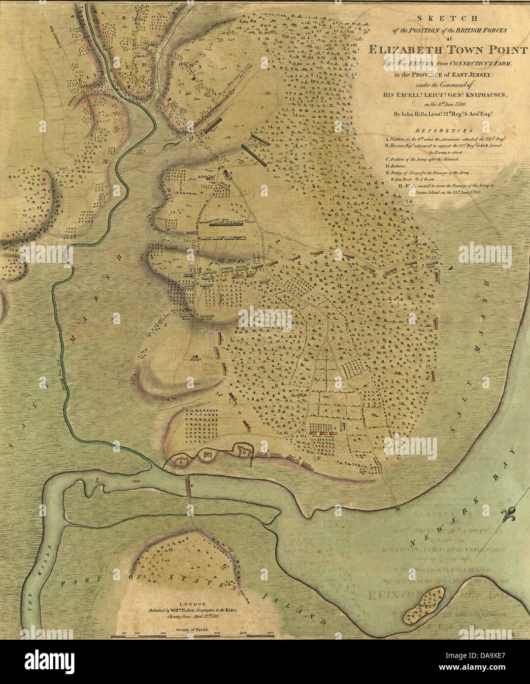 Mappa delle forze britanniche nella città di Elizabeth, in New Jersey, 1789 da Atlas delle battaglie della rivoluzione americana stampato in 1845 Foto Stock