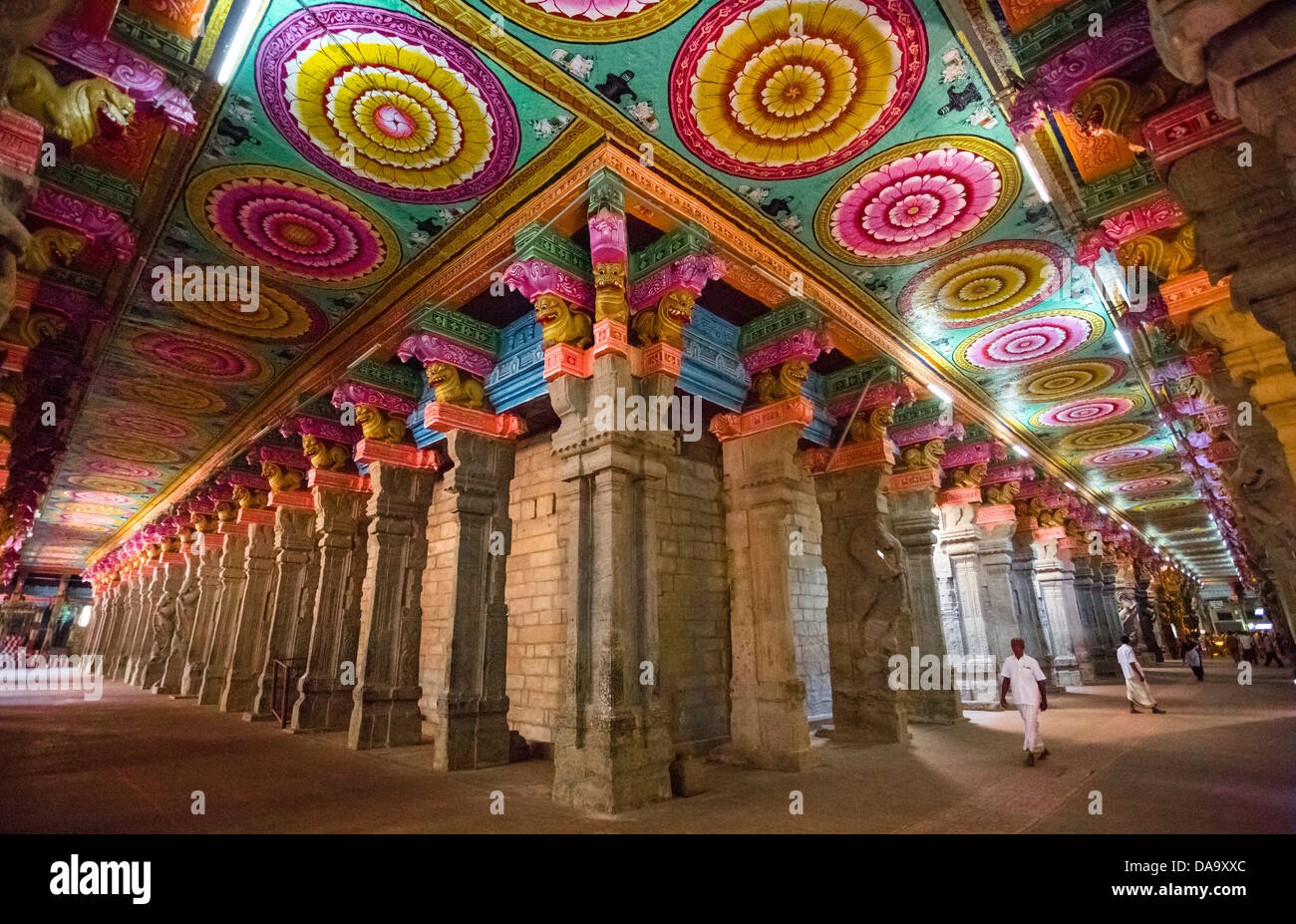 Gopuram, India India del Sud, Asia, Madurai, Sri Meenakshi, Tamil Nadu, arte, grande e famosa, soffitto, colorato, corridoio, Dravidico Foto Stock