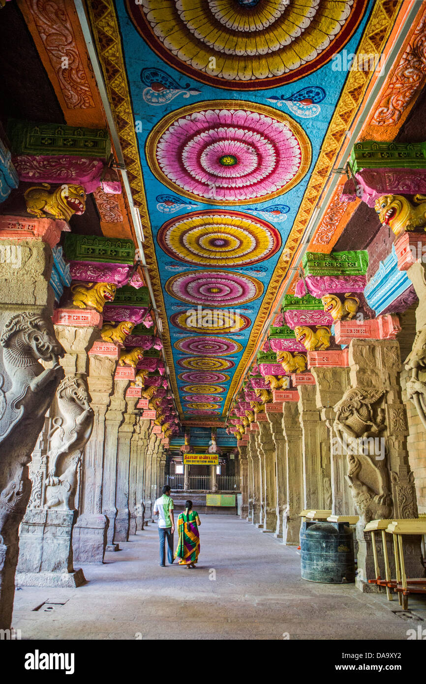 Gopuram, India India del Sud, Asia, Madurai, Sri Meenakshi, Tamil Nadu, arte, grande e famosa, soffitto, colorato, corridoio, Dravidico Foto Stock