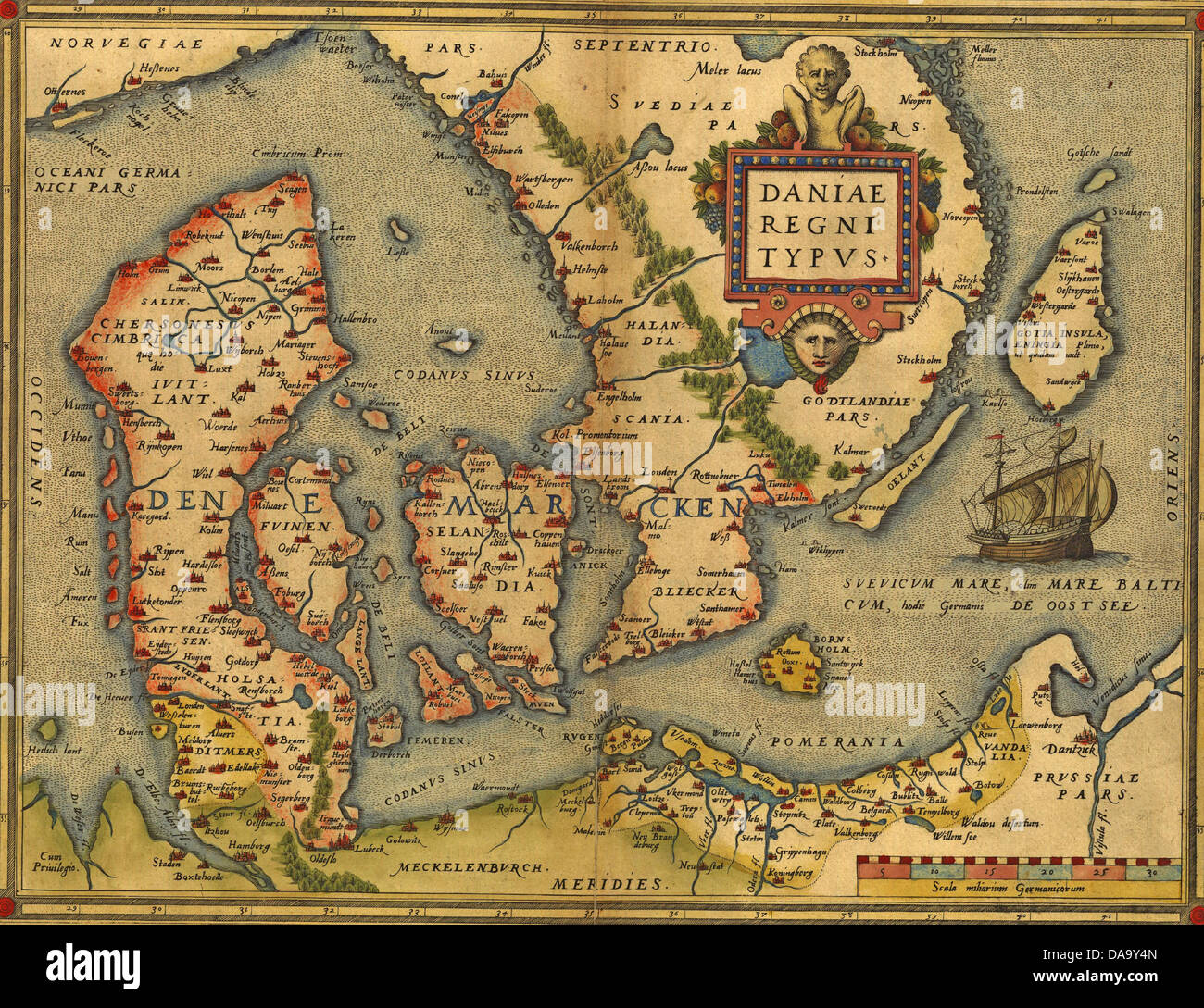 Antica Mappa di Danimarca, da Abraham Ortelius, circa 1570 Foto Stock