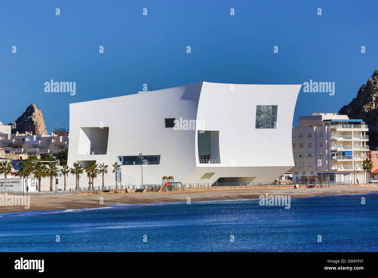 Spagna, Europa Aguilas, architettura, auditorium, bay, moderno, spiaggia, congresso, Murcia, nuovo, palace, bianco Foto Stock