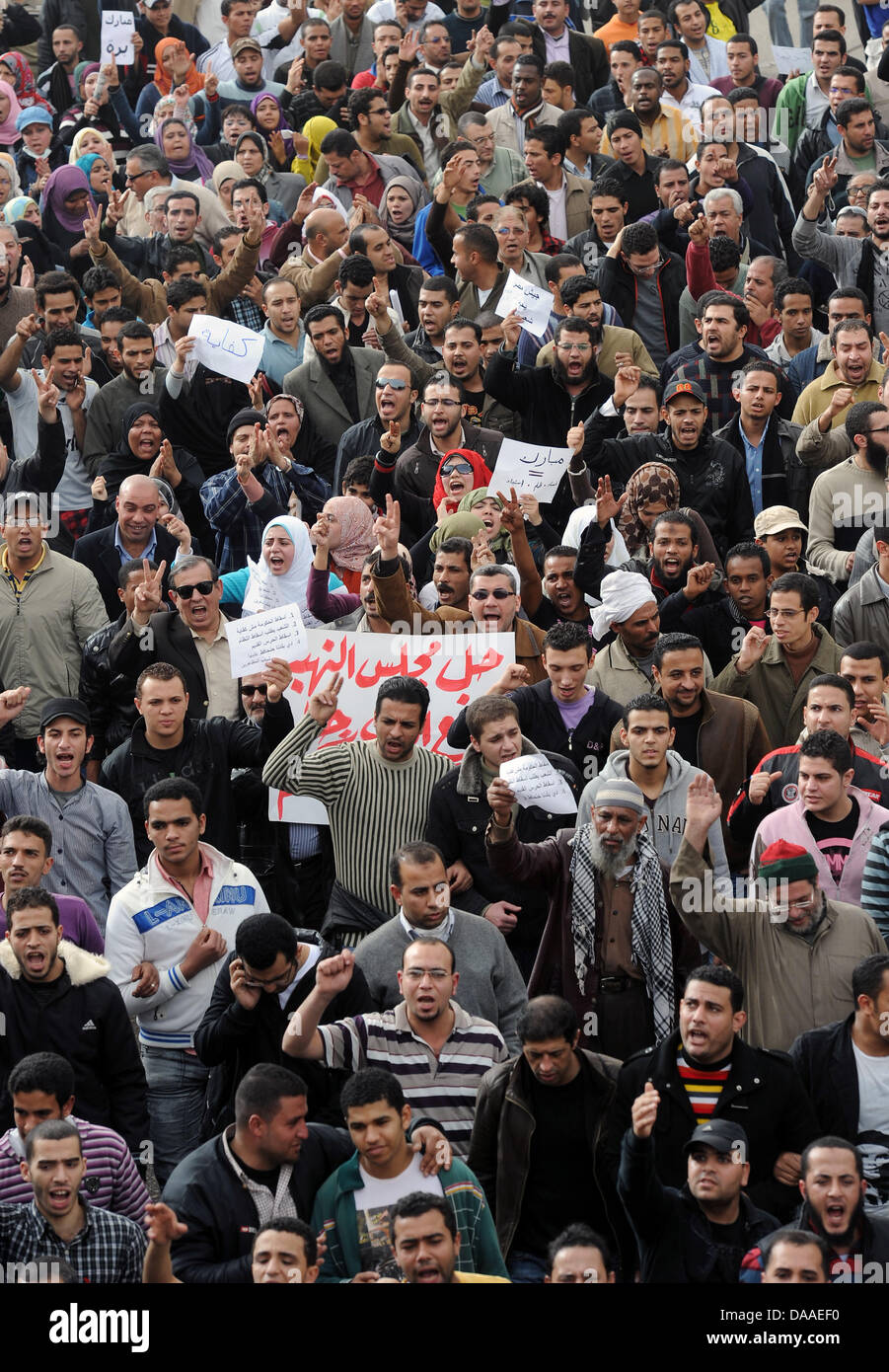 Assemblare i manifestanti al Cairo, Egitto, 29 gennaio 2011. Scontri e saccheggi nella capitale egiziana continua il sabato mattina. Secondo i resoconti dei mass media, decine di morti e molti feriti. Foto: Annibale Foto Stock