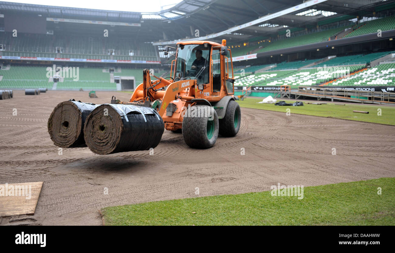 Sod prato è re-posati a il Weserstadion della Bundesliga club di calcio del Werder Brema in Bremen, Germania, 02 febbraio 2011. Dopo quasi undici mesi, il prato hanno dovuto essere nuovamente rinnovato. Foto: Carmen Jaspersen Foto Stock