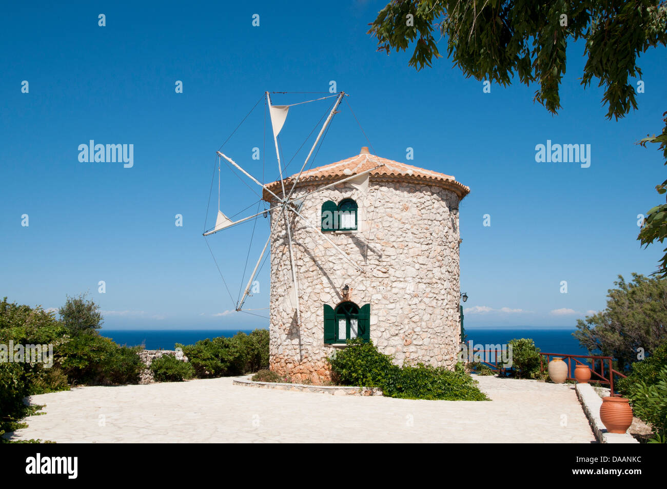 Mulino a vento sul Capo Skinari, Zante, Grecia Foto Stock