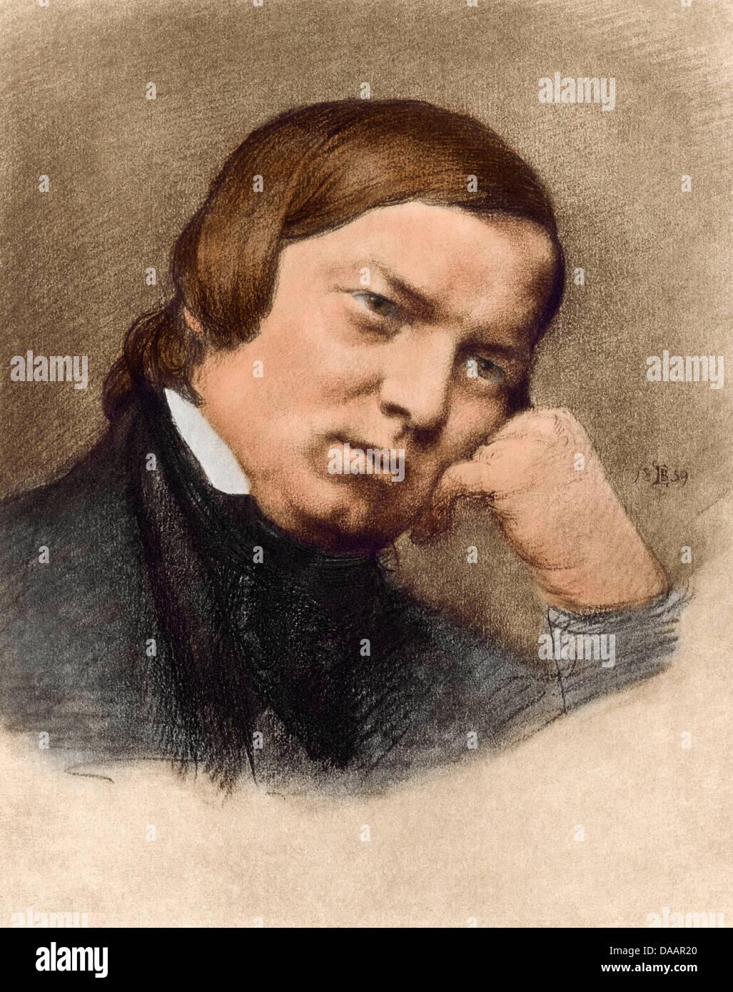Ritratto del compositore Robert Schumann. Colorate digitalmente fotoincisione di un ritratto Foto Stock