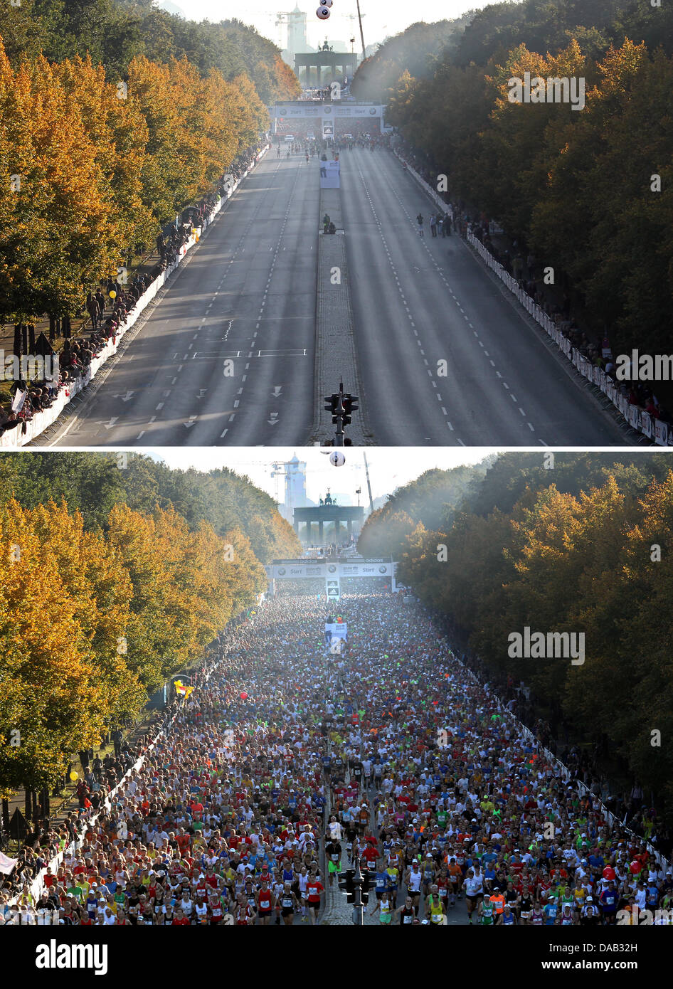 COMBO - il composito immagine datata 25 settembre 2011 mostra la strada del xvii giugno prima e durante la trentottesima la maratona di Berlino a Berlino, Germania. Intorno 41.000 corridori hanno partecipato alla maratona. Foto: WOLFGANG KUMM Foto Stock