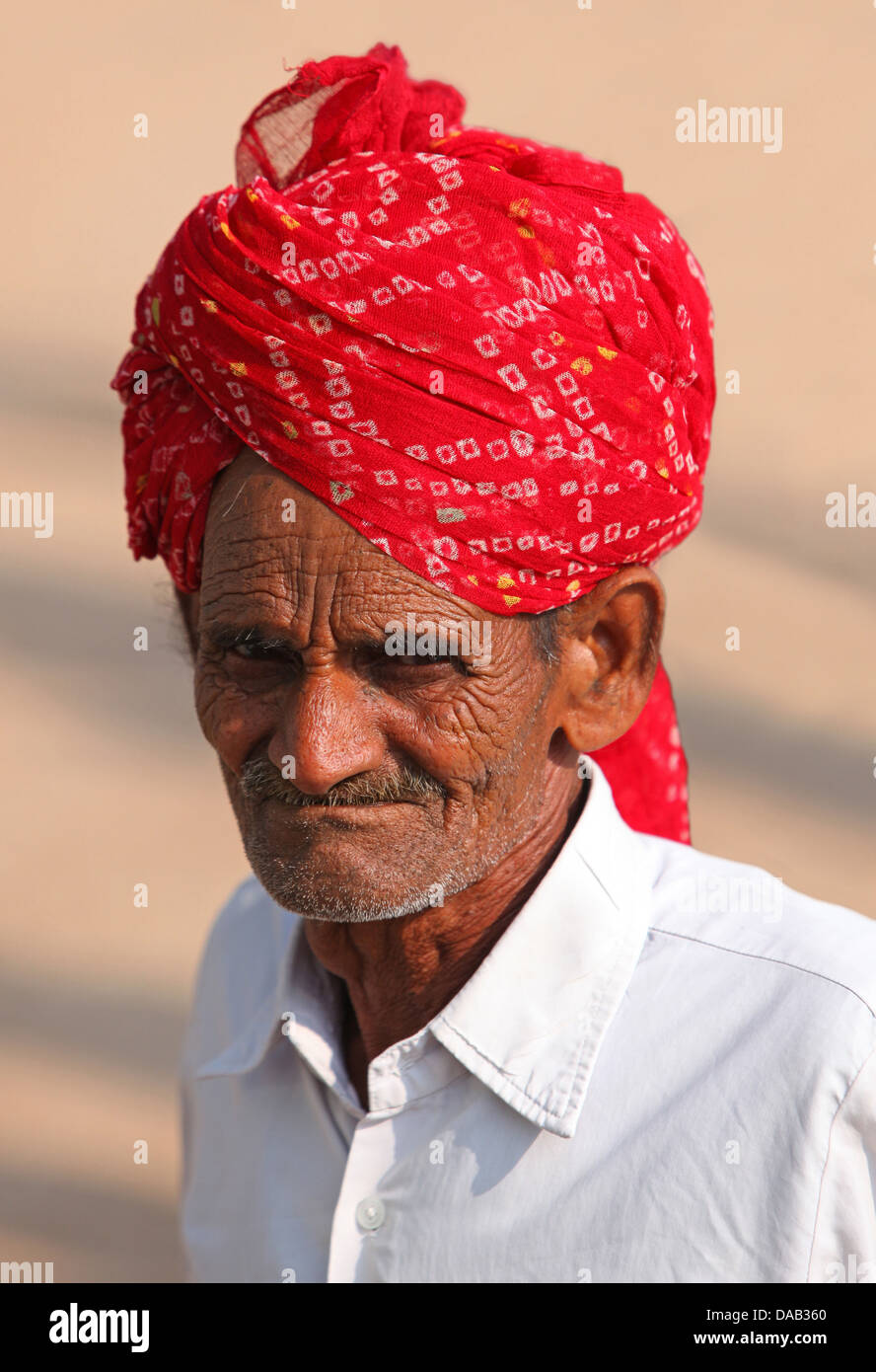 L uomo vecchio, pieghe e grinze, Turbante, look, sintesi, ritratto, Bundi, India, Asia, Rajasthan, Foto Stock