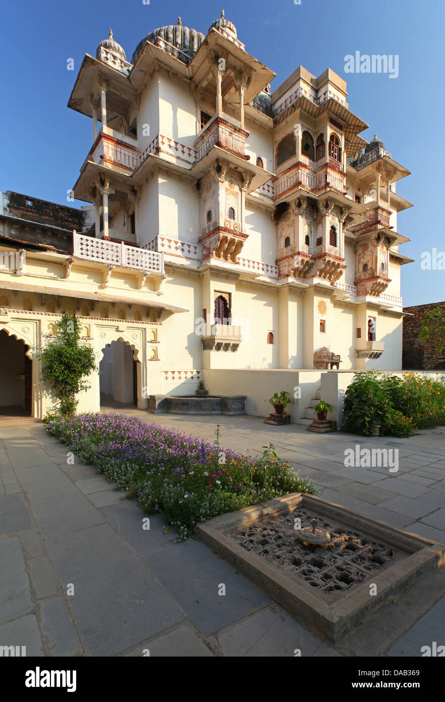 Hotel Castle Bijaipur, palace, fiori, malva, nobile, lussuoso, rurale, palm, India, Asia, Rajasthan, Foto Stock