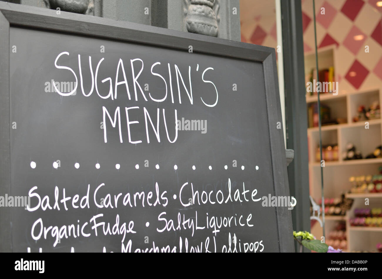 Dolce SugarSin shop 'menu', Covent Garden di Londra, Regno Unito. Foto Stock