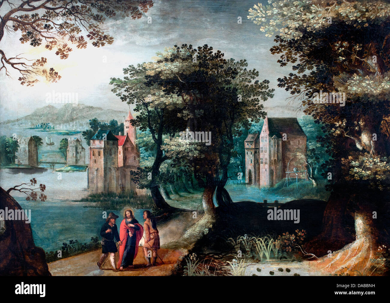 Francia scuola fiamminga del xvii secolo Cristo e i pellegrini di Emmaus in un paesaggio fluviale Belgio belga Foto Stock