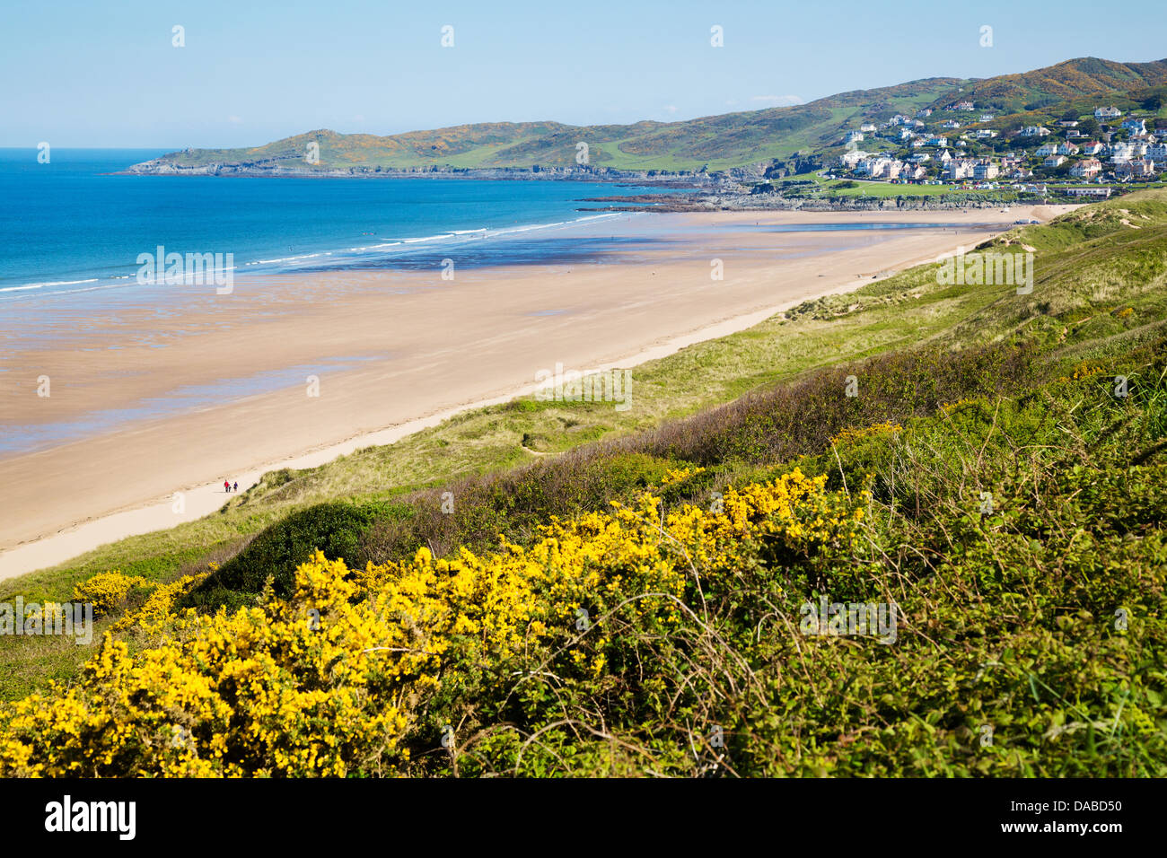 Woolacombe sabbia, punto di morte e la città balneare di Woolacombe sulla costa nord del Devon Regno Unito Foto Stock