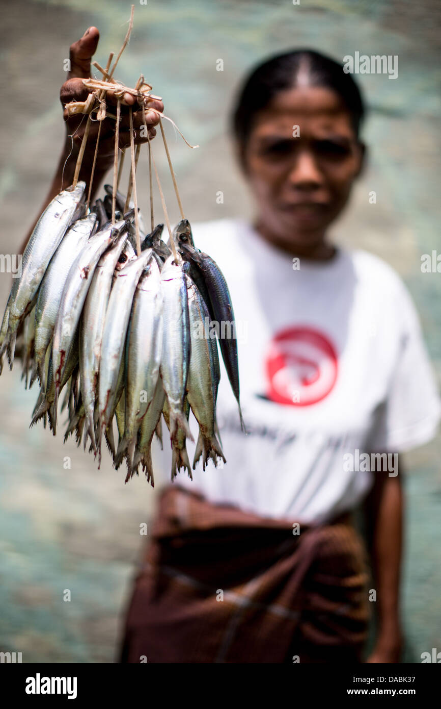 Una vecchia signora vende pesce di Sumba, Indonesia, Asia sud-orientale, Asia Foto Stock