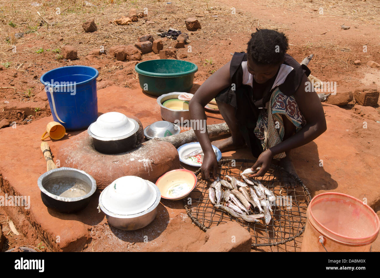 Signora preparare pesce per pasto, Talpia, Zambia, Africa Foto Stock