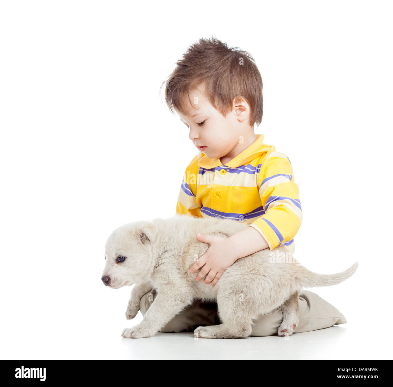 Kid ragazzo con cucciolo di cane isolato su sfondo bianco Foto Stock