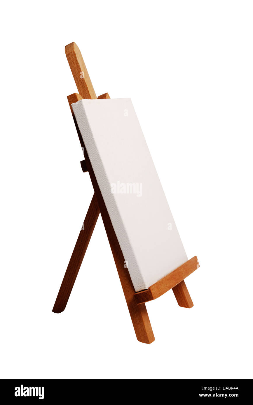 Legno verniciatura cavalletto con una tela bianca su di esso Foto Stock
