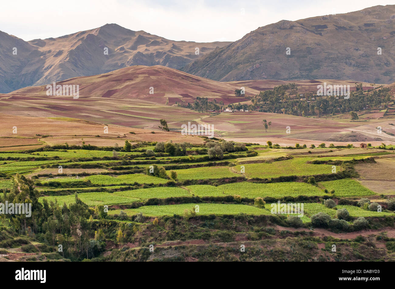 Il paesaggio al di sopra della Valle Sacra vicino a Maras, Perù, Sud America Foto Stock