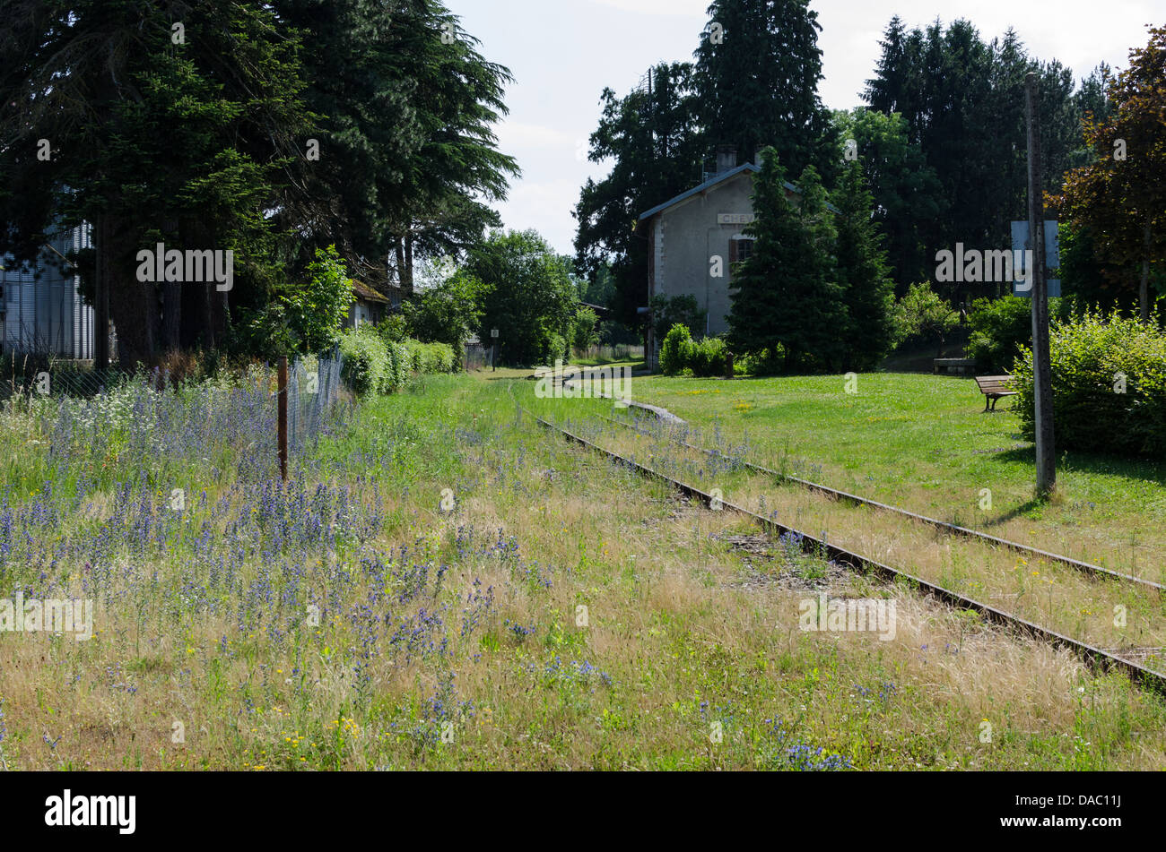 In disuso ricoperta di binari ferroviari in esecuzione attraverso la cittadina francese di Chevry nella Francia orientale Foto Stock