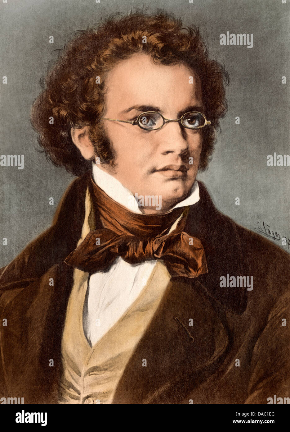 Ritratto del compositore Franz Schubert. Digitalmente illustrazione colorata Foto Stock
