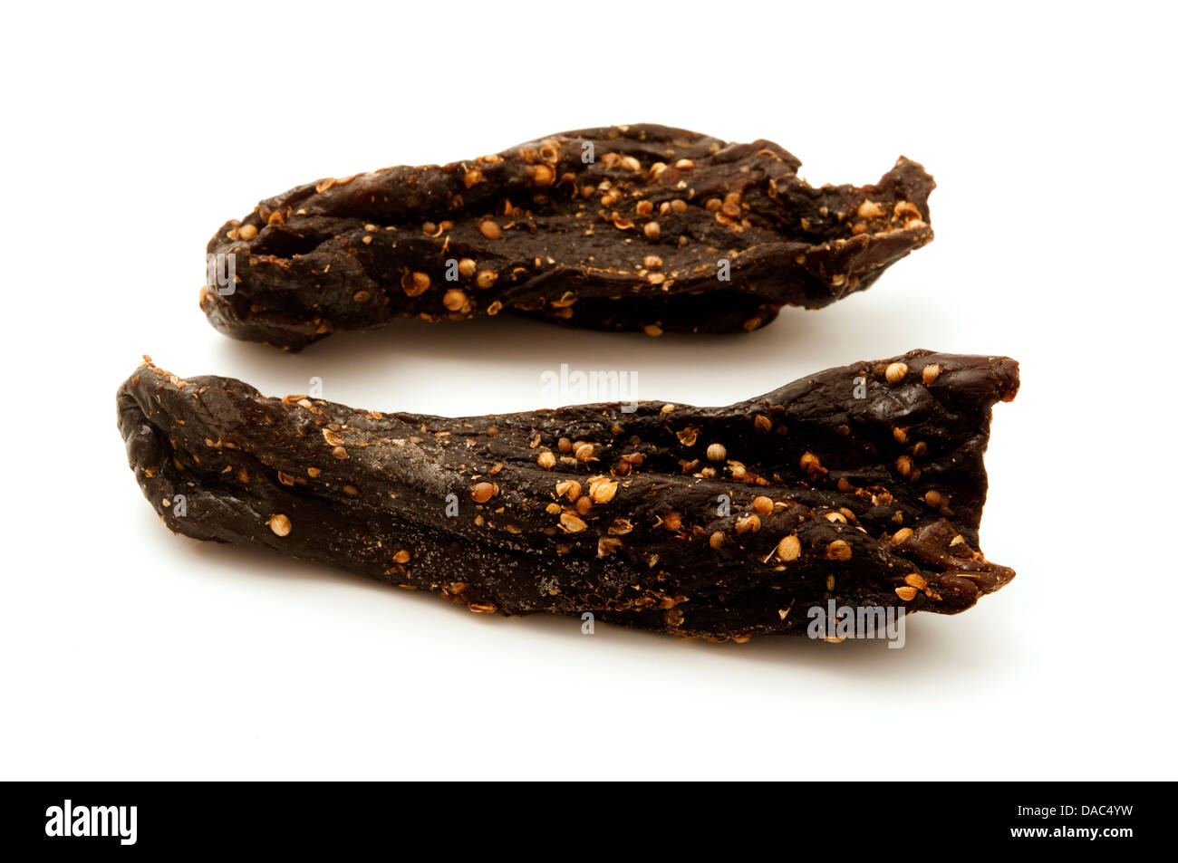 South African biltong su sfondo bianco Foto Stock