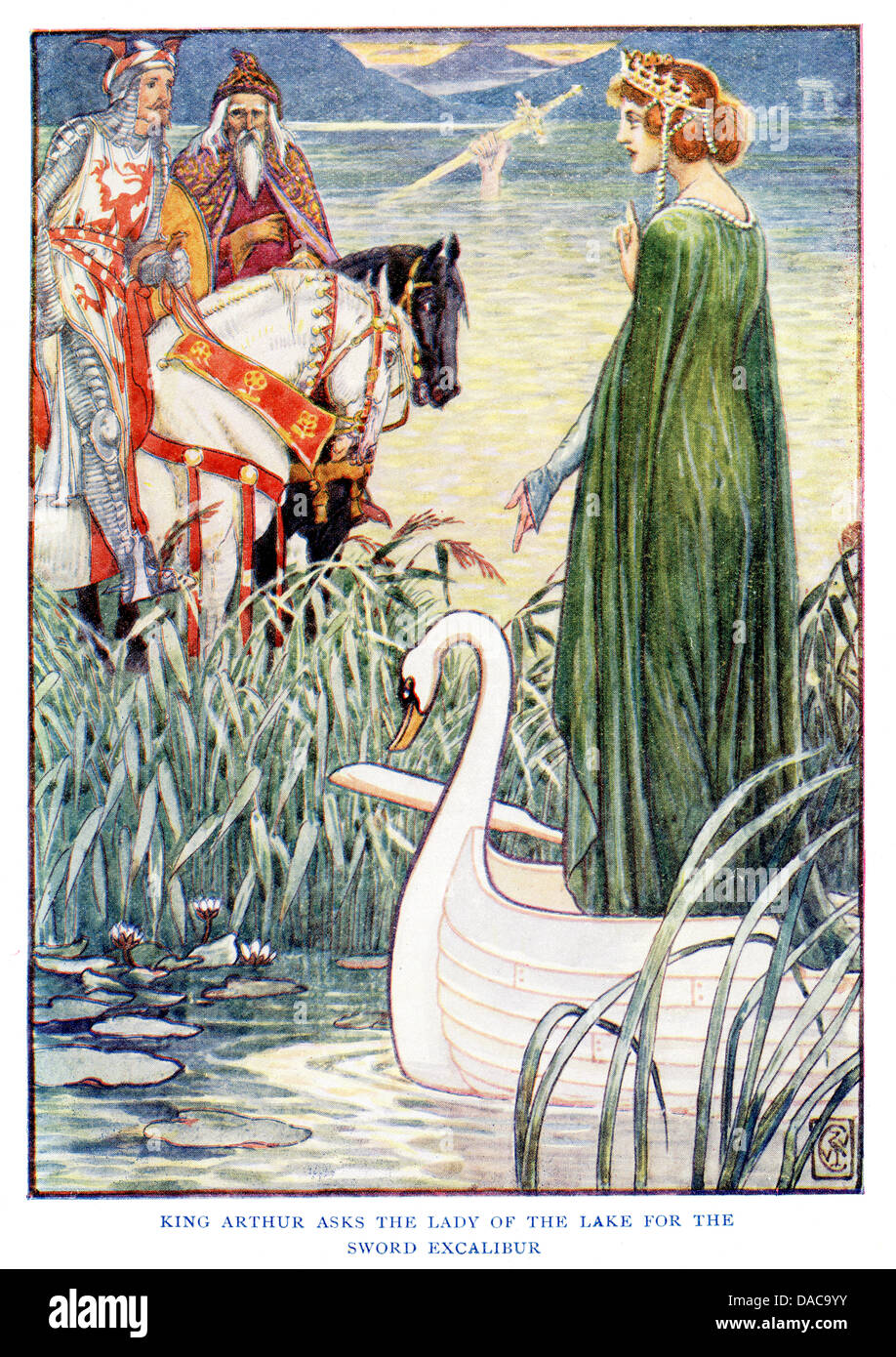 King Arthur chiede la signora del lago per la Spada Excalibur Re Artù Cavalieri, Walter gru Foto Stock