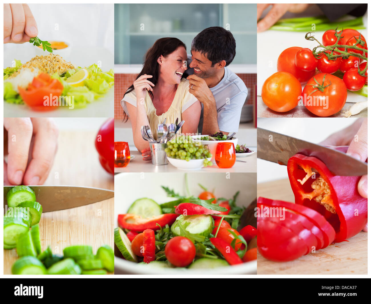 Collage di giovane mangiare insalata sana Foto Stock