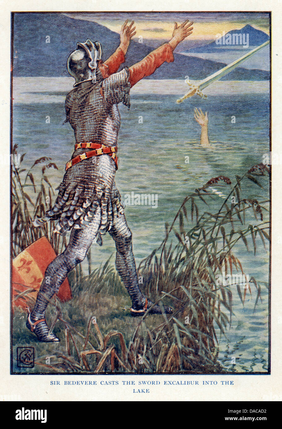 Sir Bedevere getta la spada Excalibur nel lago, Re Artù Cavalieri, Walter gru Foto Stock