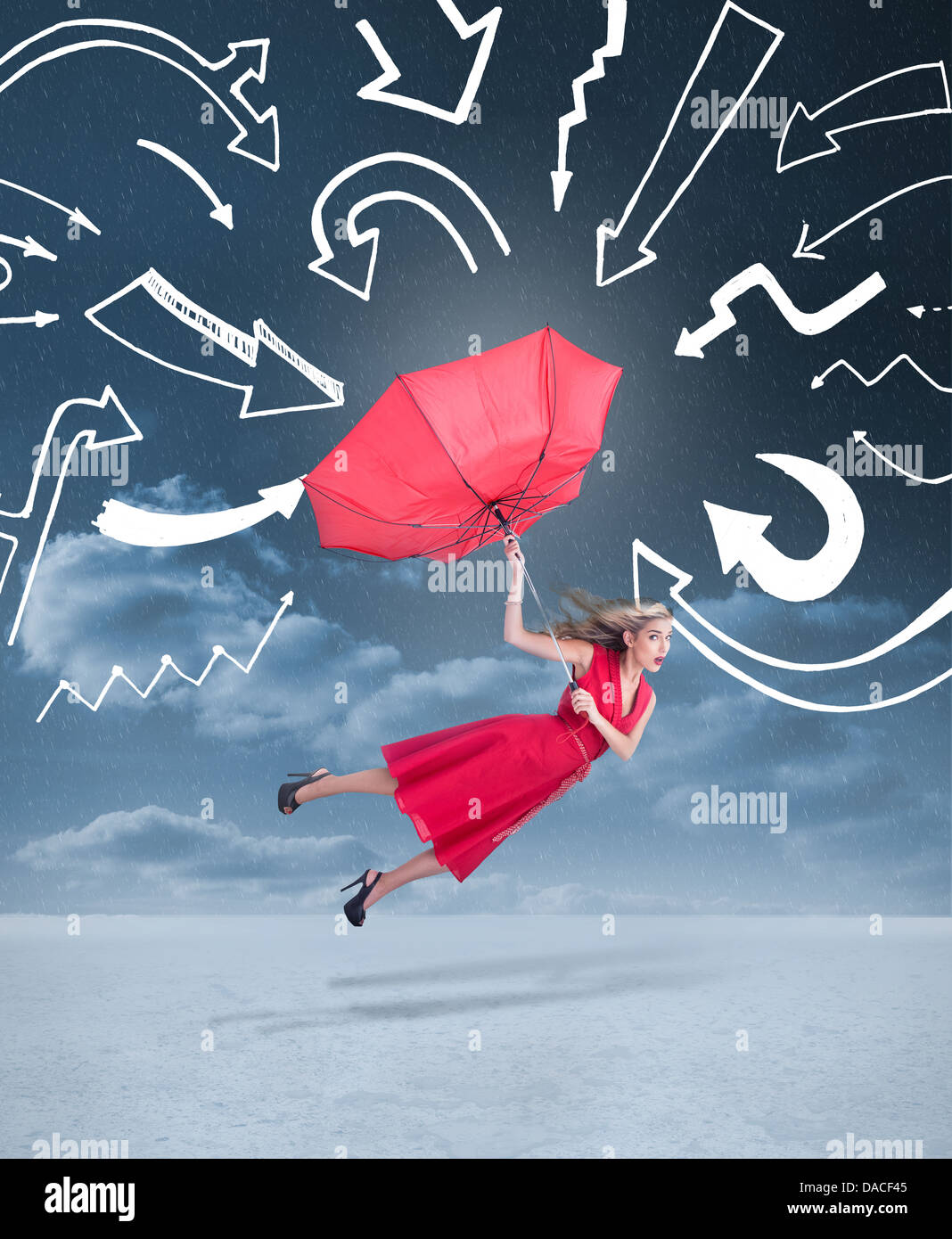 Donna Glamour volare con un ombrello Foto Stock