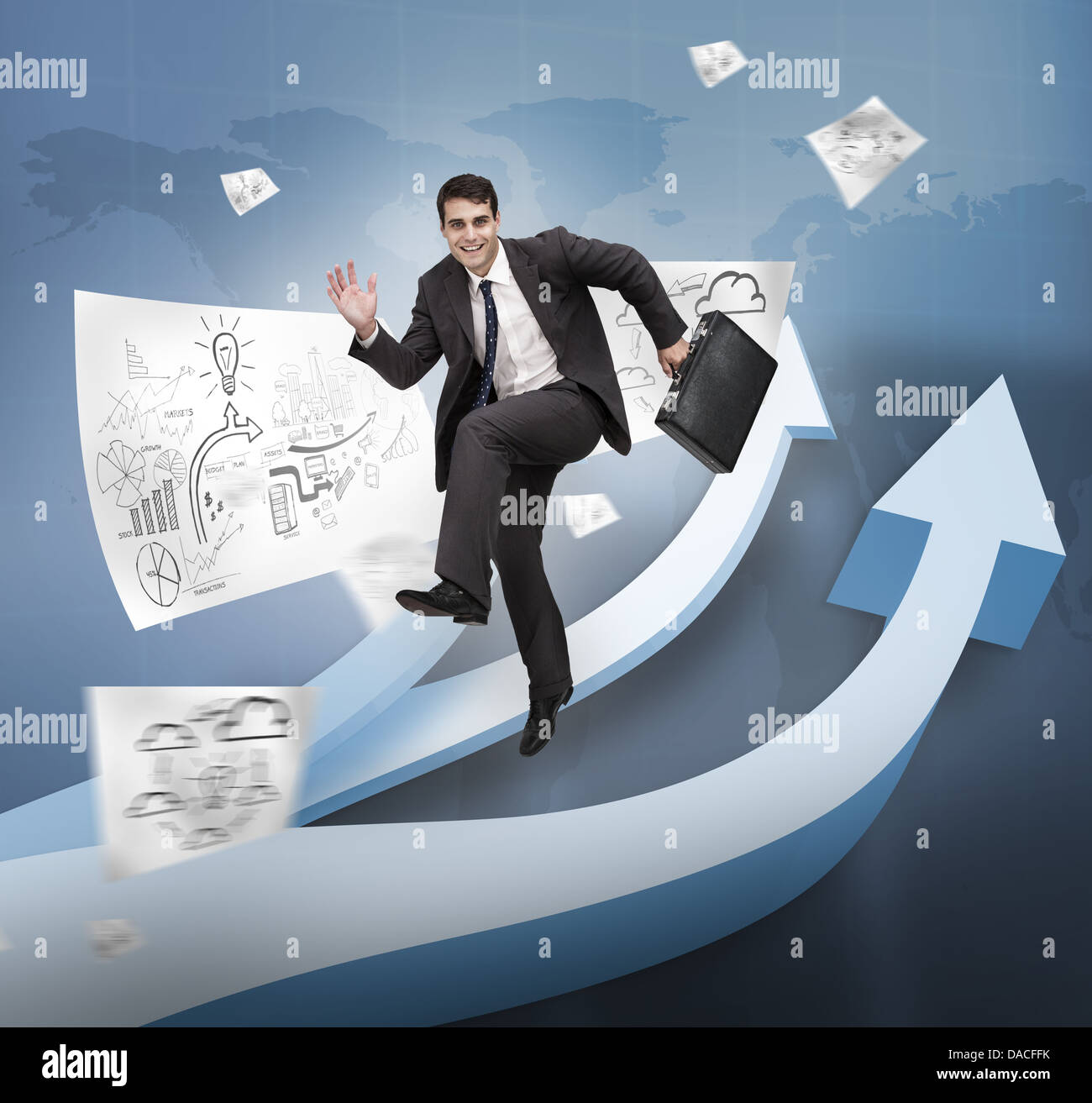 Imprenditore saltando le frecce Foto Stock