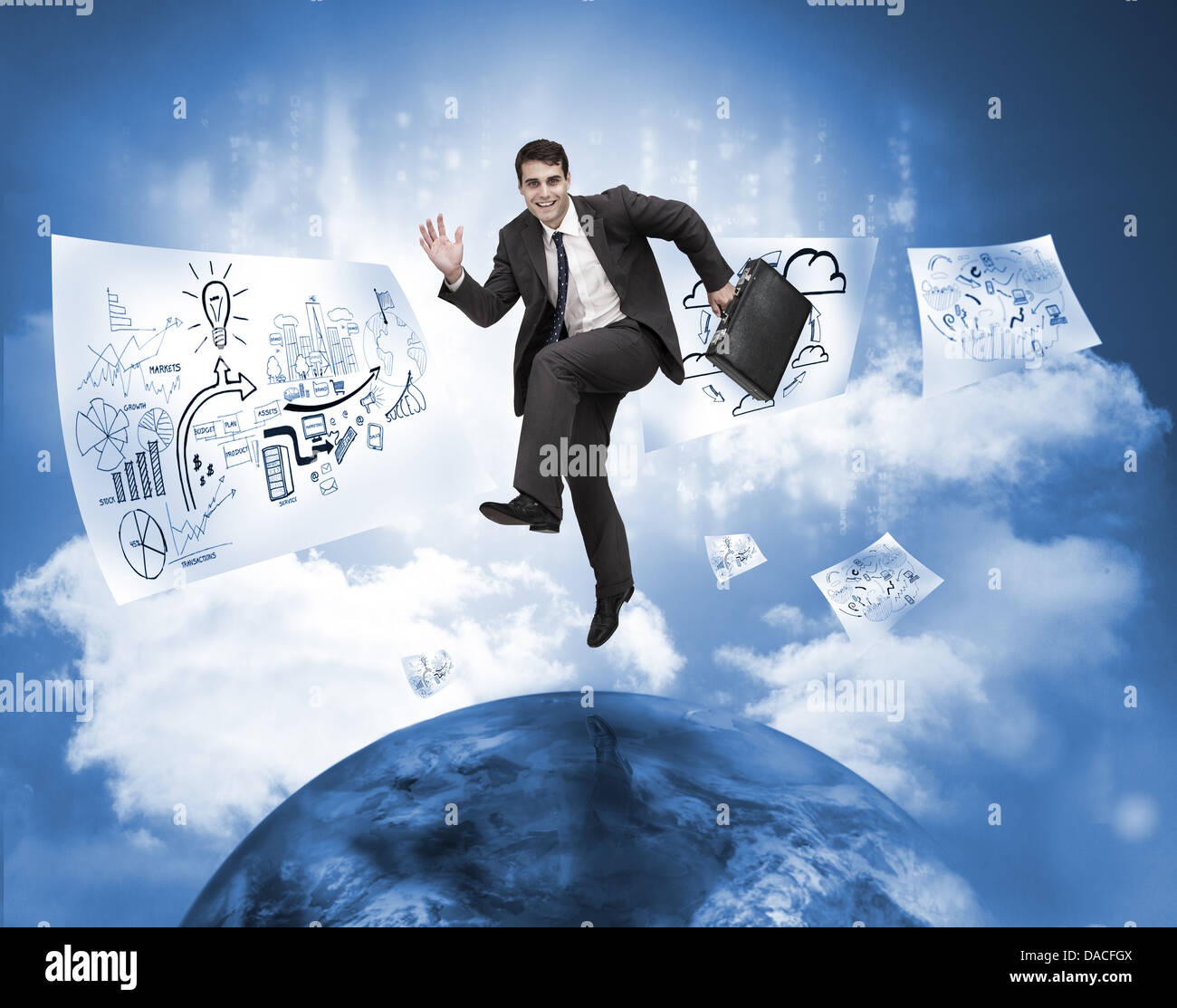 Imprenditore saltando su un pianeta con disegni floating Foto Stock