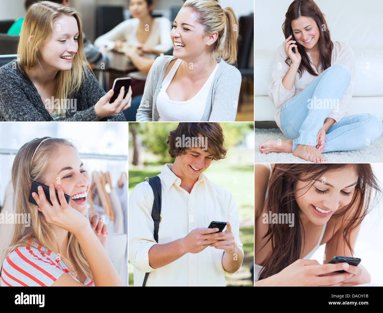 Collage di persone che utilizzano il loro telefono mobile Foto Stock