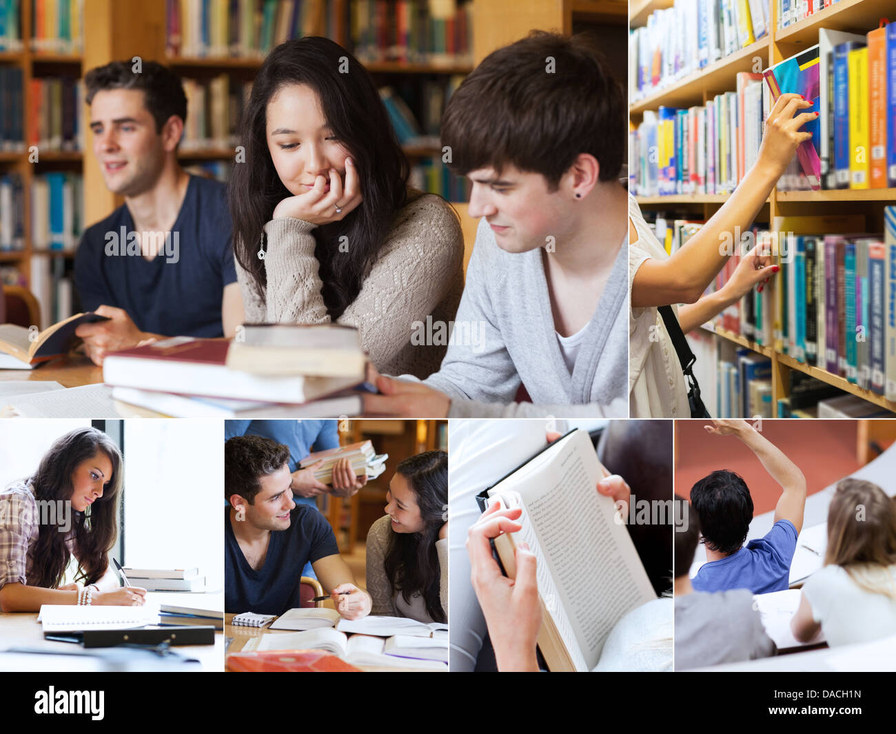 Collage di studenti in biblioteca Foto Stock