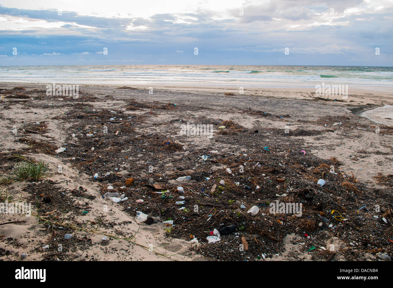 In plastica e spazzatura lavato fino sulla spiaggia, Moreton Island, Queensland, Australia Foto Stock