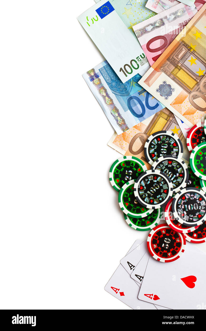 Il concetto di gioco d'azzardo. carte da poker, chip e delle banconote in euro Foto Stock