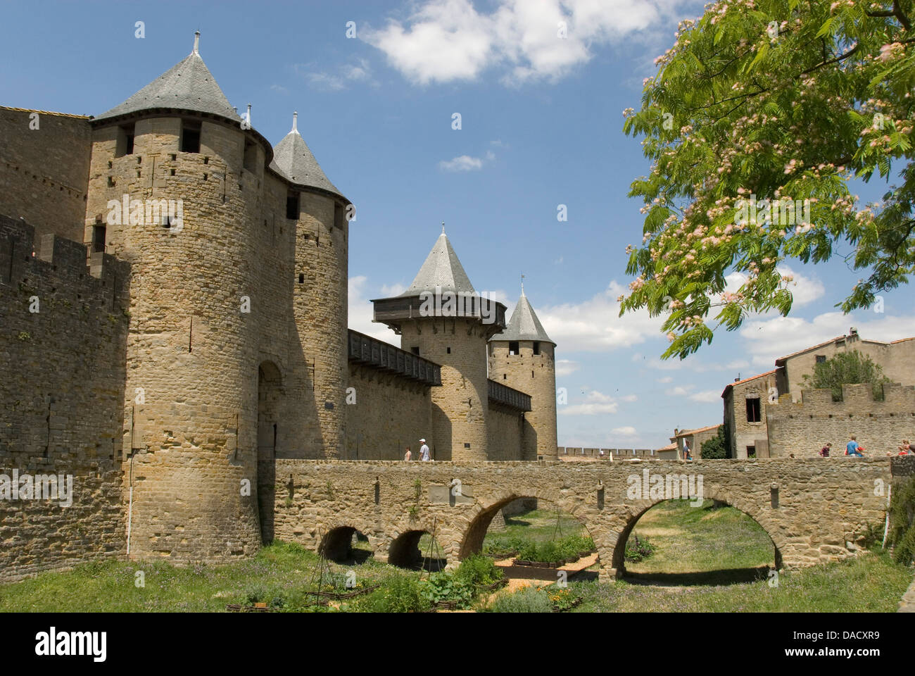 Pareti esterne della città vecchia, Carcassonne, Sito Patrimonio Mondiale dell'UNESCO, Languedoc, Francia, Europa Foto Stock