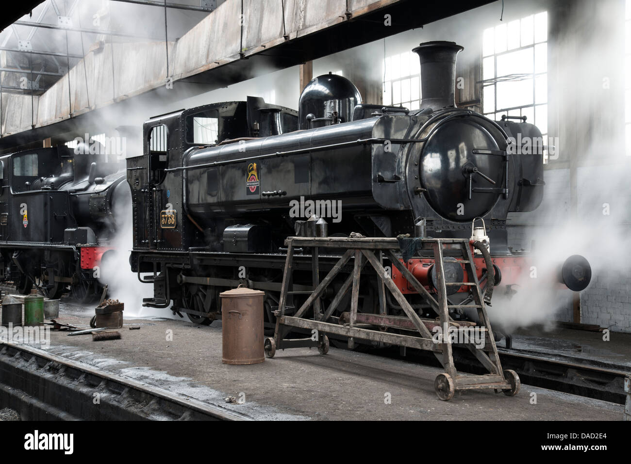 Splendidamente dipinte di un bauletto portaoggetti serbatoio locomotiva a vapore si siede dolcemente la cottura a vapore nel capannone di manutenzione a Didcot Railway Centre Foto Stock