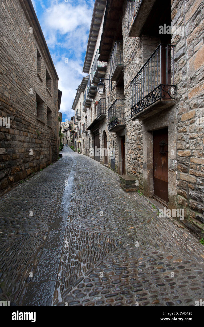 La vecchia città. Aínsa. Huesca. Spagna Foto Stock