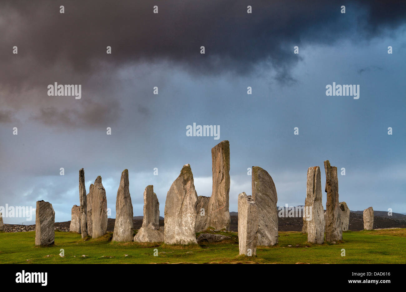 In piedi pietre di Callanish, nei pressi di Carloway, isola di Lewis, Ebridi Esterne, Scotland, Regno Unito, Europa Foto Stock